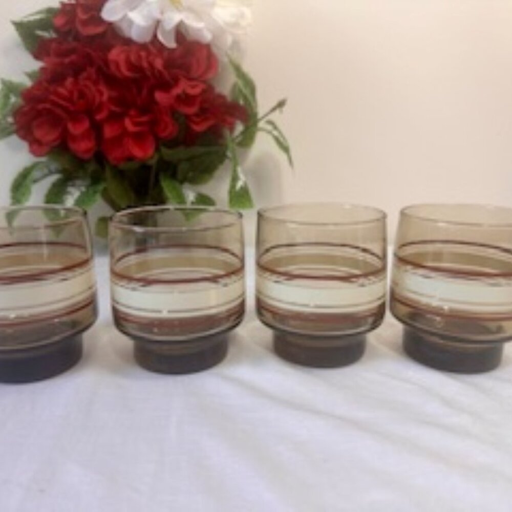 Vintage Luminarc Tivoli Smoked Lowball Glasses Red &‎ White Stripe 1970s French